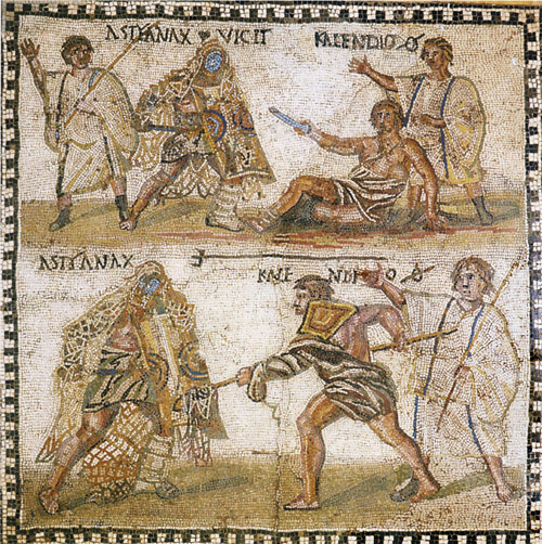 Mosaik von zwei kämpfenden Gladiatoren, einem Retiarius und einem Secutor, unter Beobachtung der Schiedsrichter