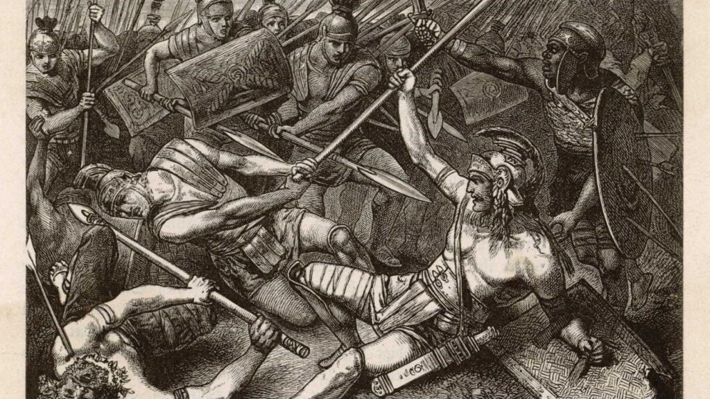 Spartacus fällt in der Schlacht auf dem Gemälde „Tod des Spartacus“ von Hermann Vogel