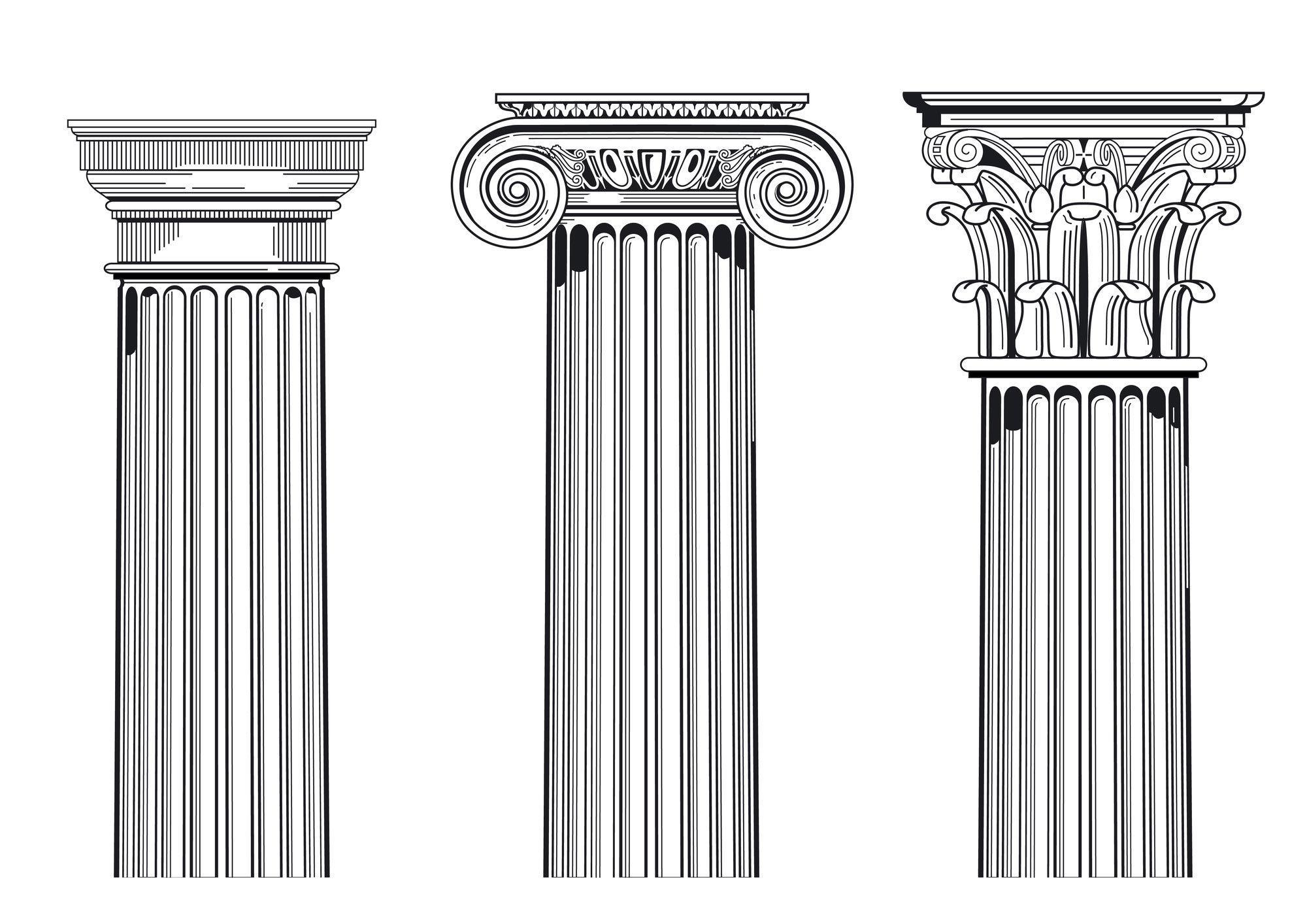 Illustration de la partie supérieure des trois types de colonnes courantes dans l'architecture romaine : dorique, ionique et corinthienne