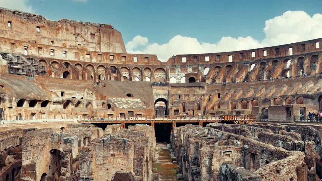 The Colosseum seen from the inside, with a view of the open hypogeum.