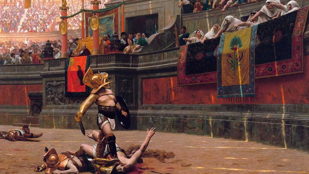 Un gladiateur se tenant au-dessus de ses ennemis vaincus dans le Colisée, attendant que l'Empereur fasse signe avec le pouce levé ou baissé