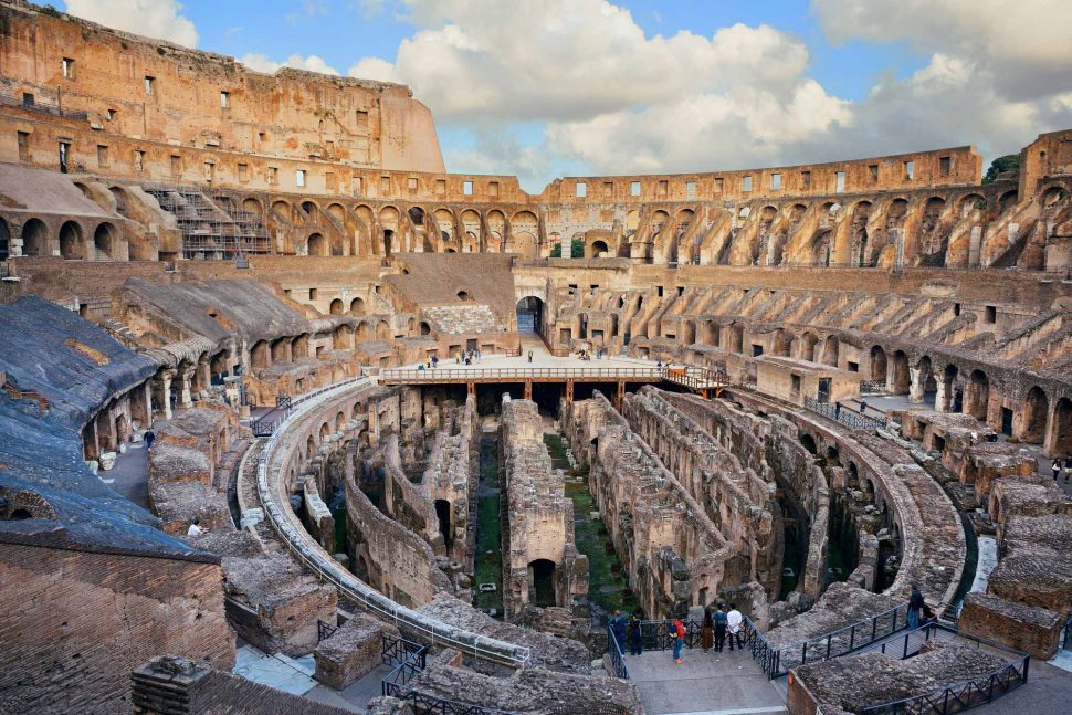 The Colosseum seen from inside, with view of the arena and the hypogeum